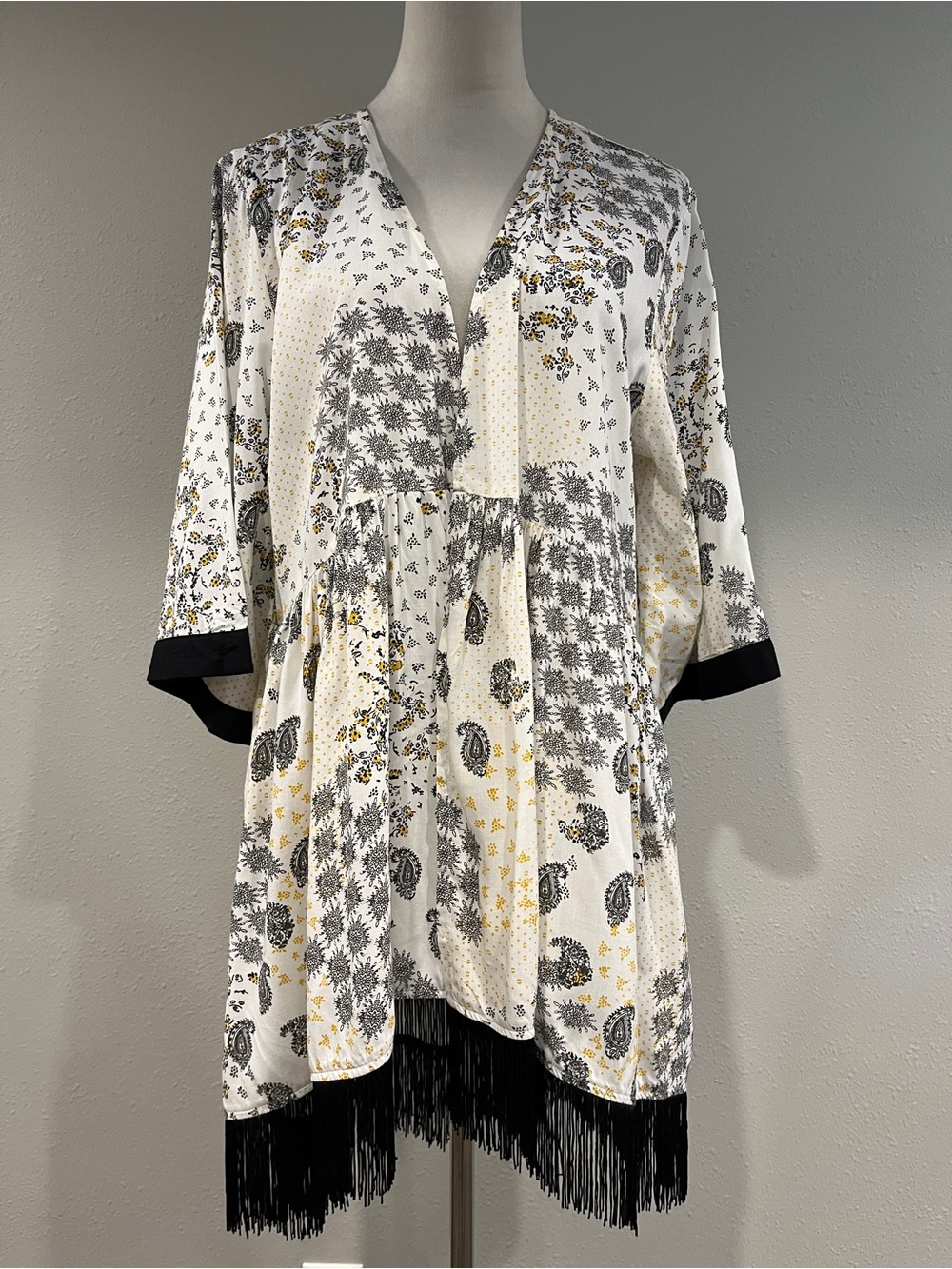 Maurices Floral Open-Front short sleeves kimono with Black Fringe